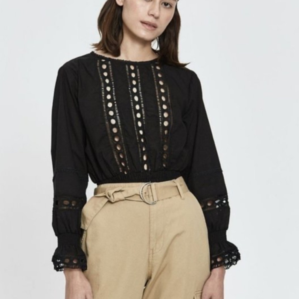 Farrow Black Eyelet Lace Ruffle Smocked Long Sleeve Blouse Top Small